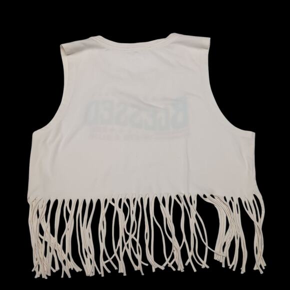 Love Peace & Lazy Days Fringe Crop Top Jr Size XL Cream Blessed Red White Blue - Picture 3 of 13